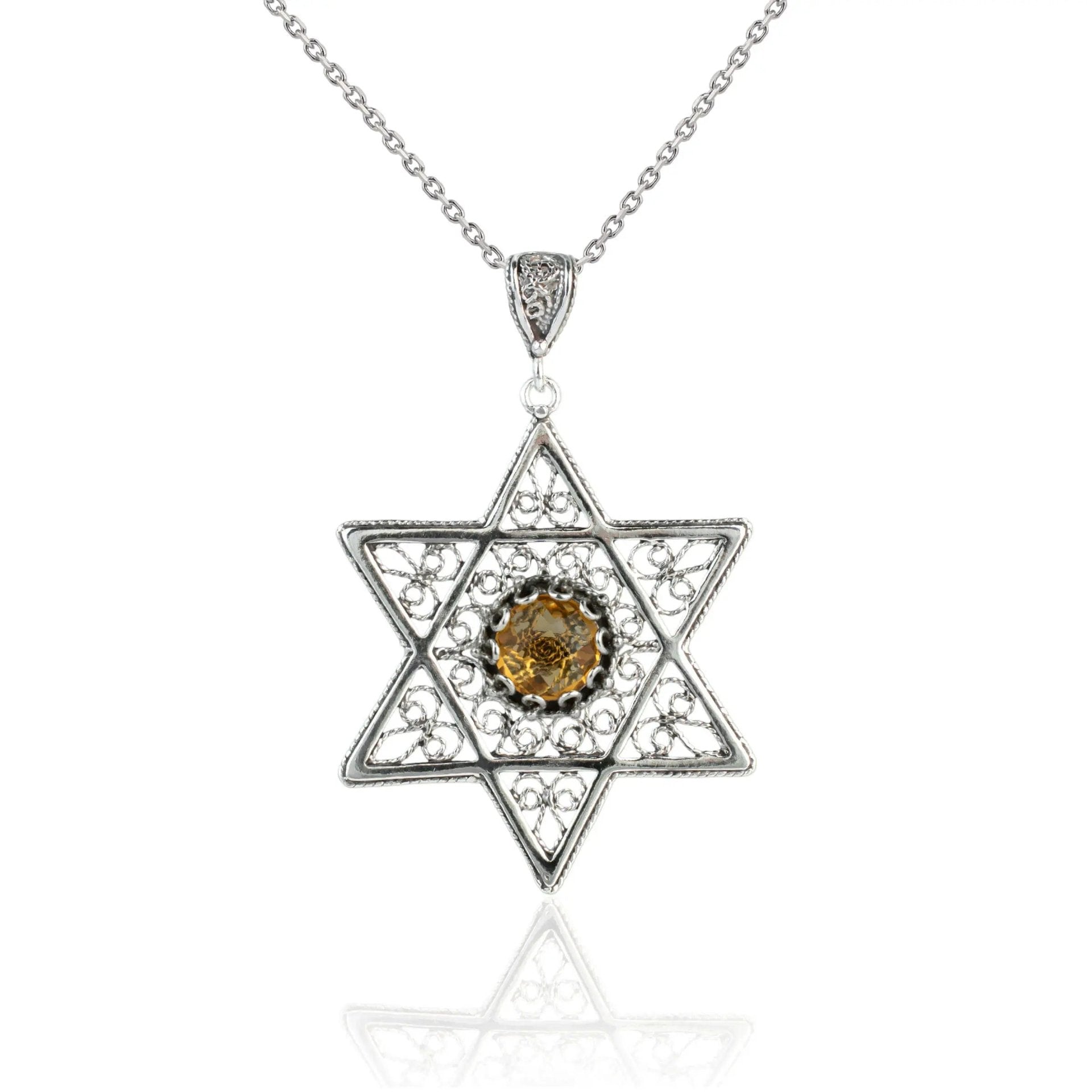 Filigree Art Citrine Gemstone Star of David Women Silver Pendant Necklace - Drakoi Marketplace