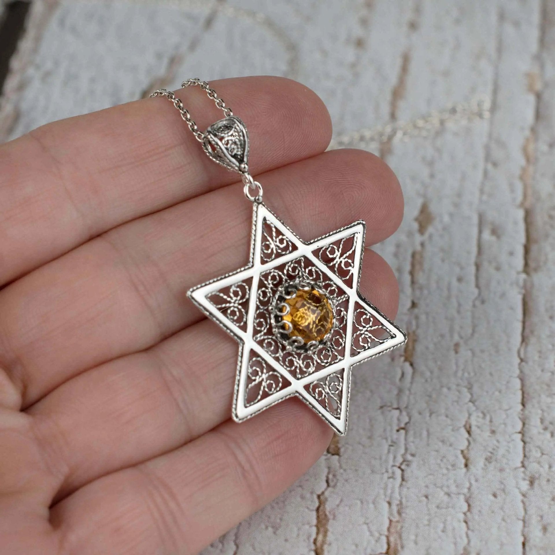 Filigree Art Citrine Gemstone Star of David Women Silver Pendant Necklace - Drakoi Marketplace