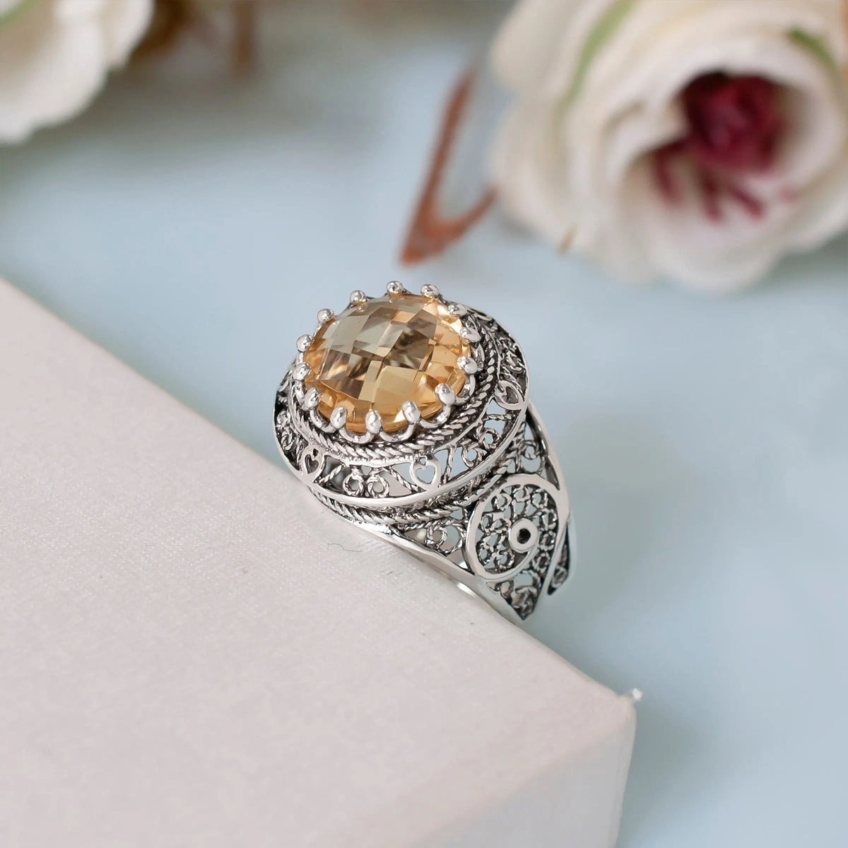 Filigree Art Citrine Gemstone Woman Silver Statement Ring - Drakoi Marketplace