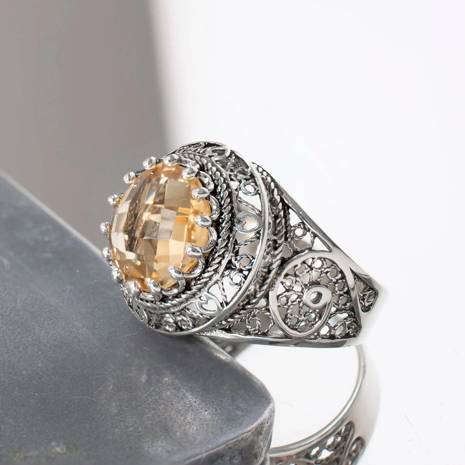 Filigree Art Citrine Gemstone Woman Silver Statement Ring - Drakoi Marketplace