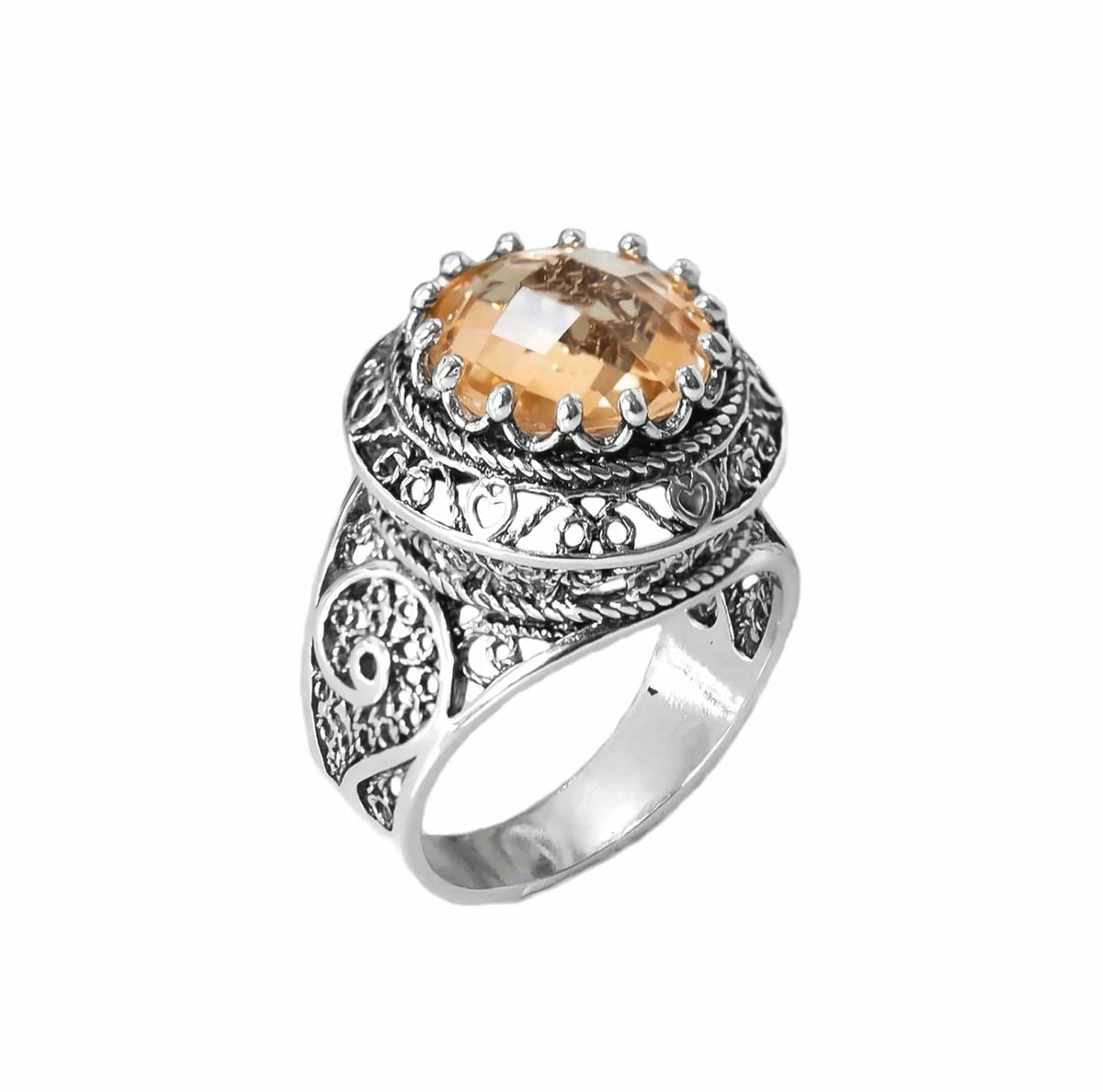 Filigree Art Citrine Gemstone Woman Silver Statement Ring - Drakoi Marketplace