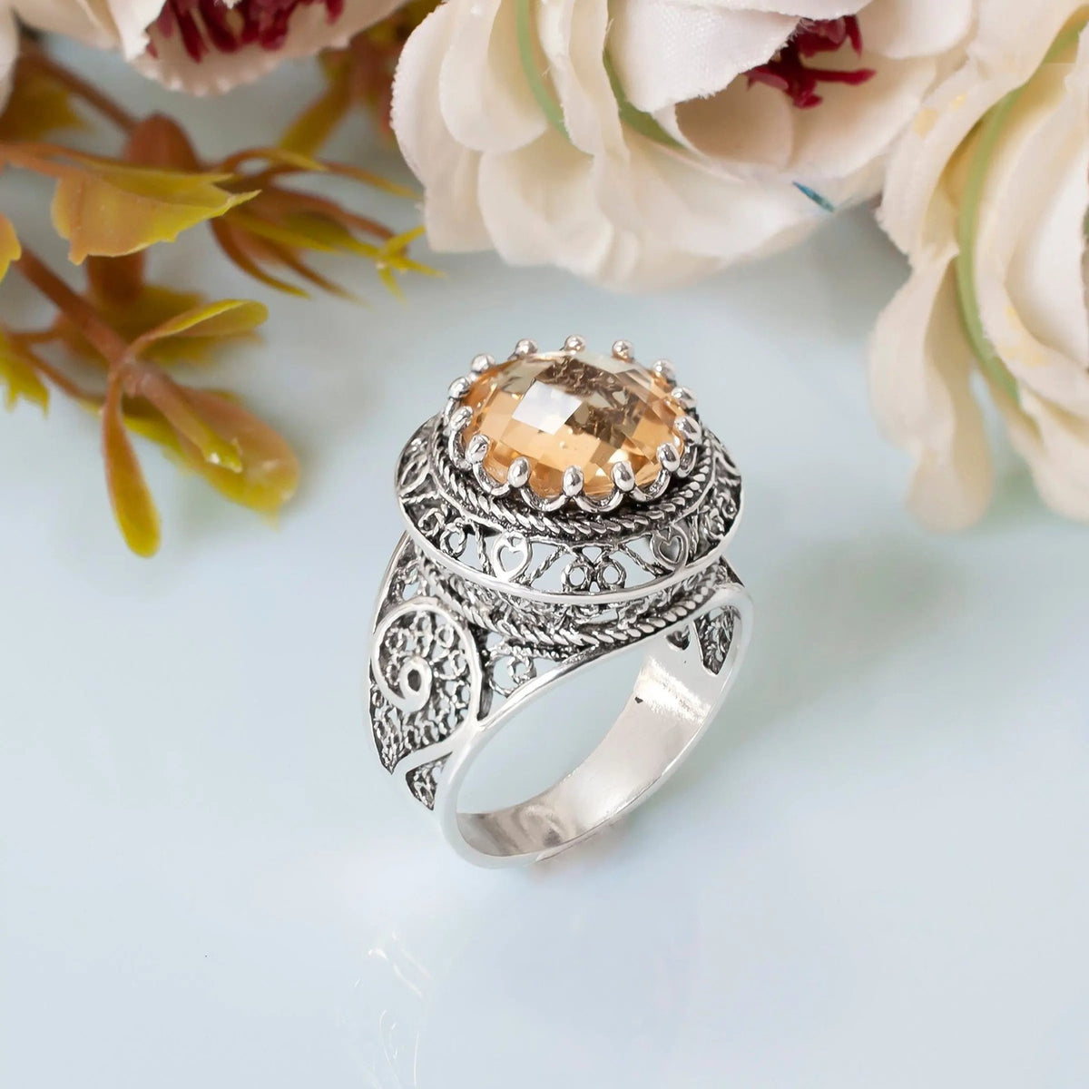 Filigree Art Citrine Gemstone Woman Silver Statement Ring - Drakoi Marketplace