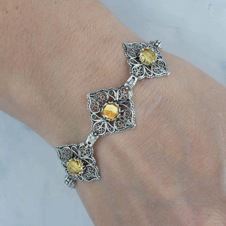 Filigree Art Citrine Gemstone Women Adjustable Silver Link Bracelet - Drakoi Marketplace