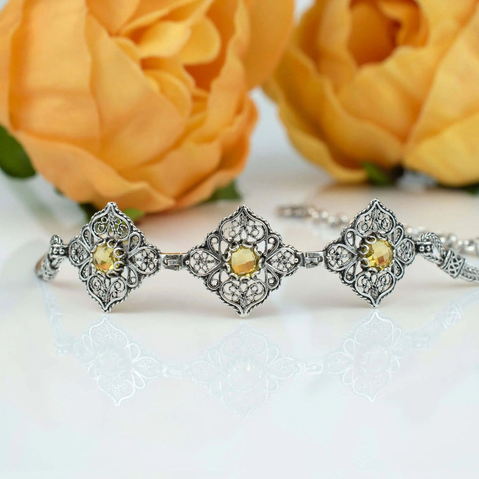 Filigree Art Citrine Gemstone Women Adjustable Silver Link Bracelet - Drakoi Marketplace