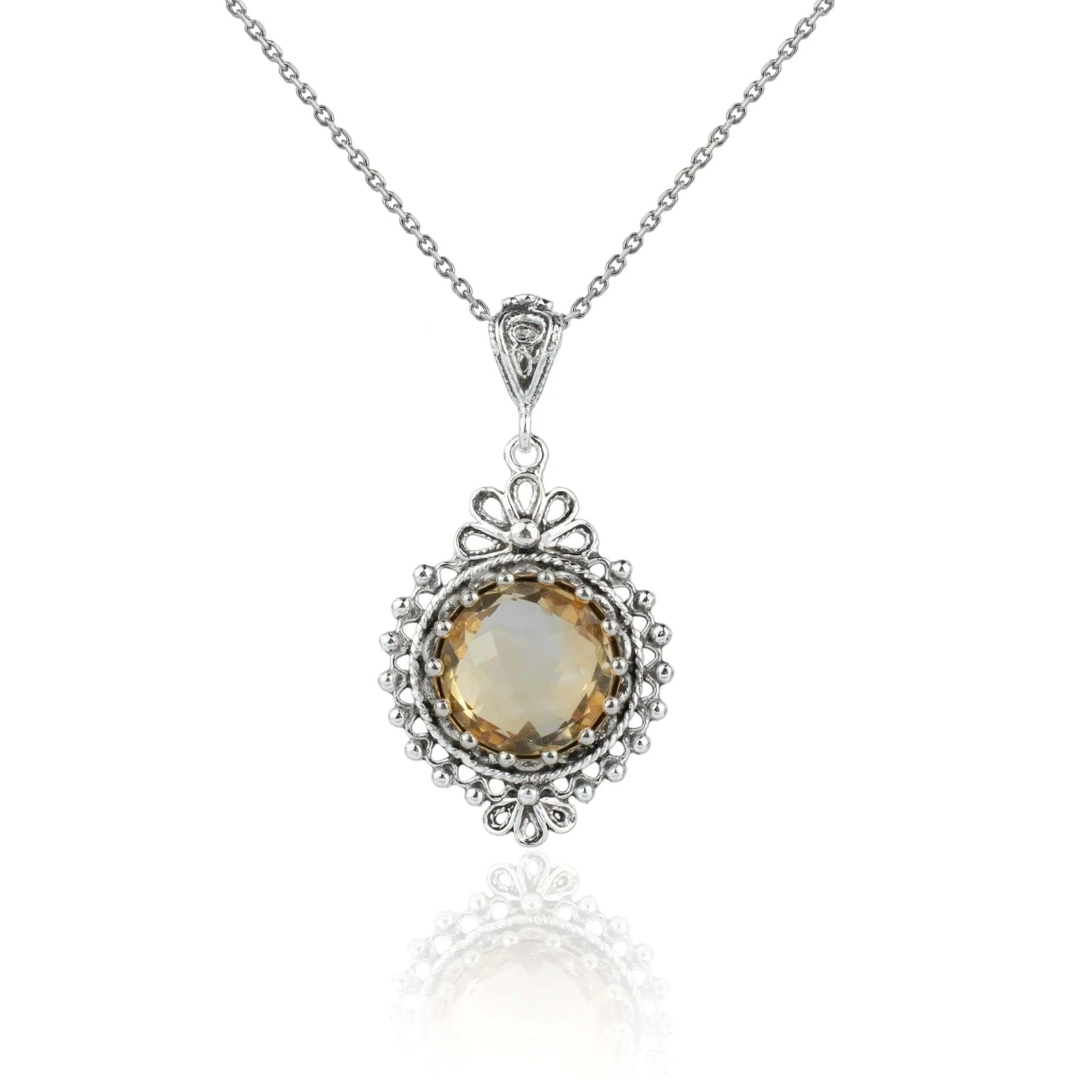 Filigree Art Citrine Gemstone Women Silver Boho Pendant Necklace - Drakoi Marketplace