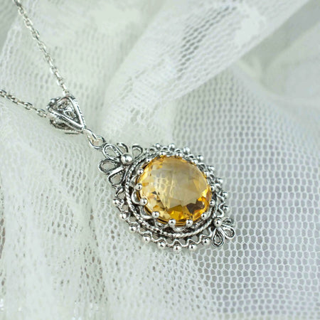 Filigree Art Citrine Gemstone Women Silver Boho Pendant Necklace - Drakoi Marketplace