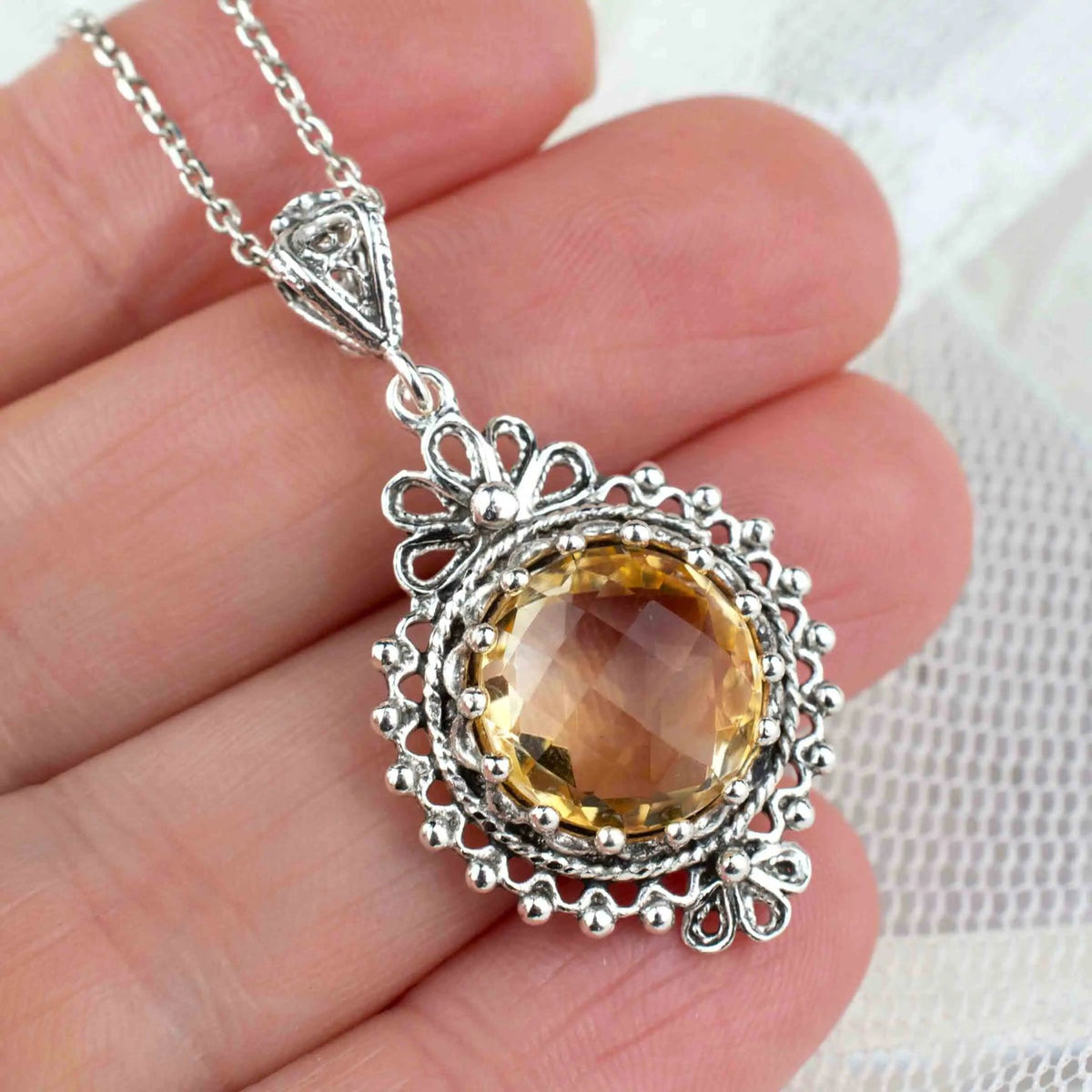 Filigree Art Citrine Gemstone Women Silver Boho Pendant Necklace - Drakoi Marketplace