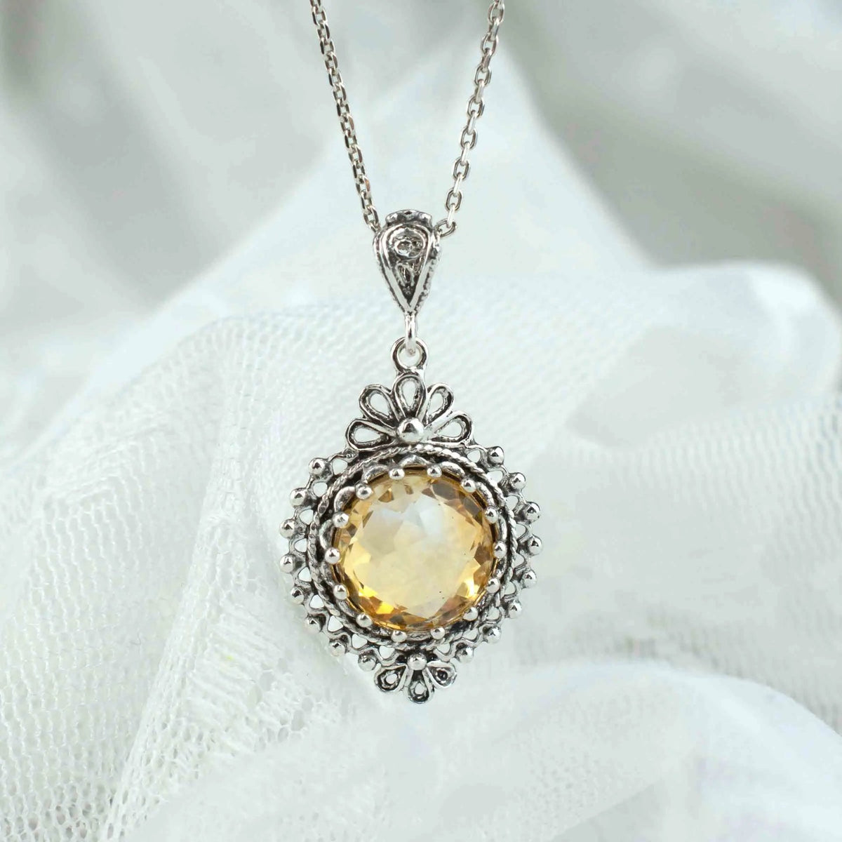 Filigree Art Citrine Gemstone Women Silver Boho Pendant Necklace - Drakoi Marketplace