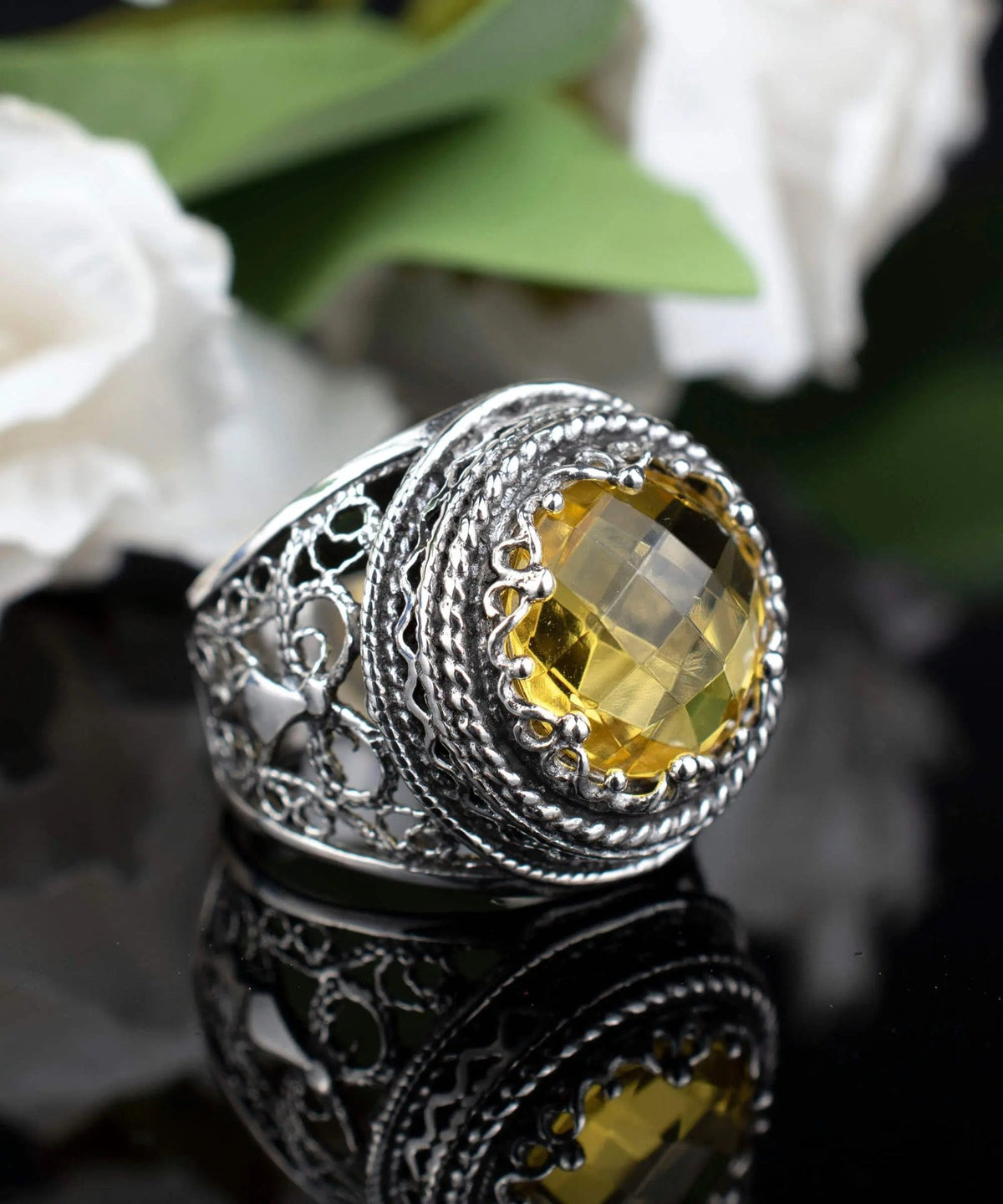 Filigree Art Citrine Gemstone Women Silver Bold Ring - Drakoi Marketplace