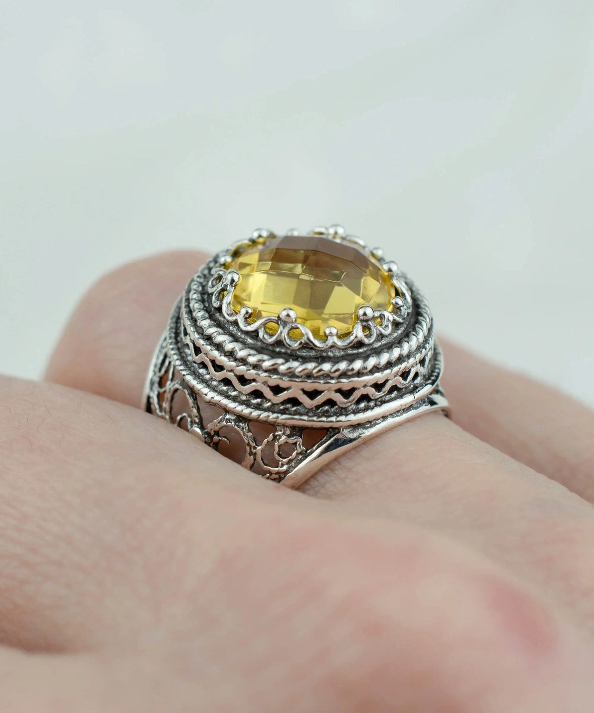 Filigree Art Citrine Gemstone Women Silver Bold Ring - Drakoi Marketplace