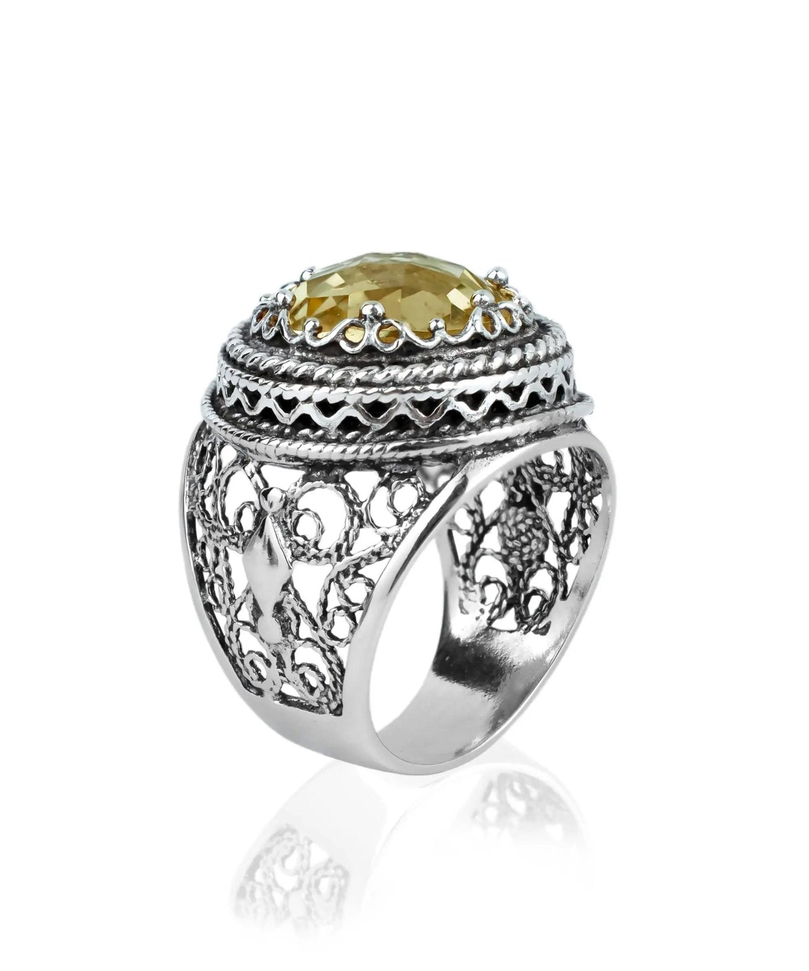 Filigree Art Citrine Gemstone Women Silver Bold Ring - Drakoi Marketplace