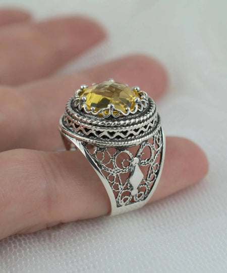 Filigree Art Citrine Gemstone Women Silver Bold Ring - Drakoi Marketplace