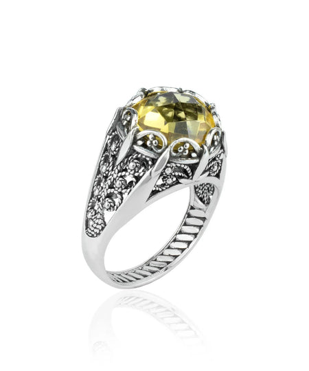 Filigree Art Citrine Gemstone Women Silver Cocktail Ring - Drakoi Marketplace