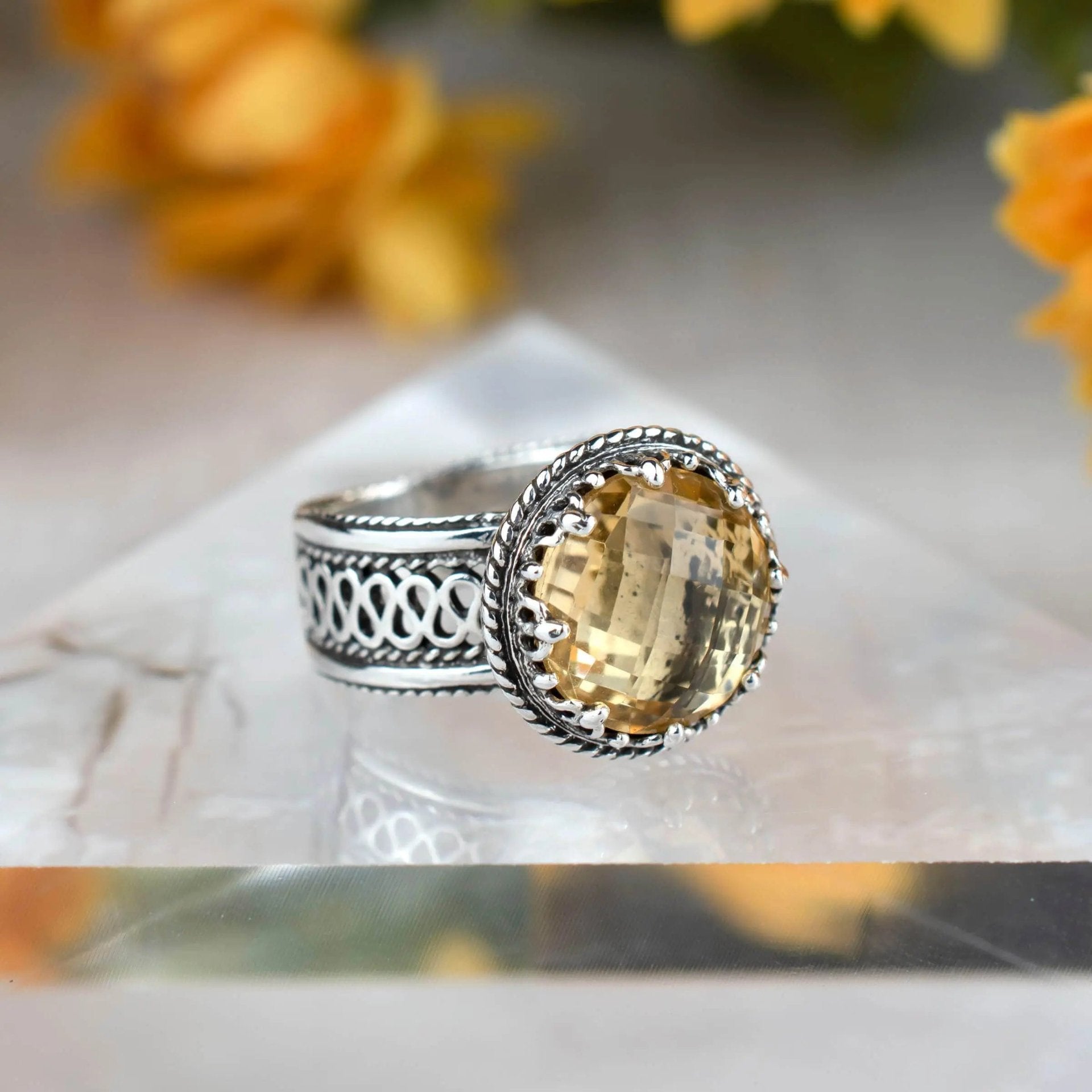 Filigree Art Citrine Gemstone Women Silver Cocktail Ring - Drakoi Marketplace