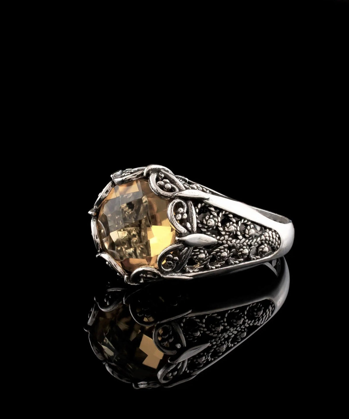 Filigree Art Citrine Gemstone Women Silver Cocktail Ring - Drakoi Marketplace