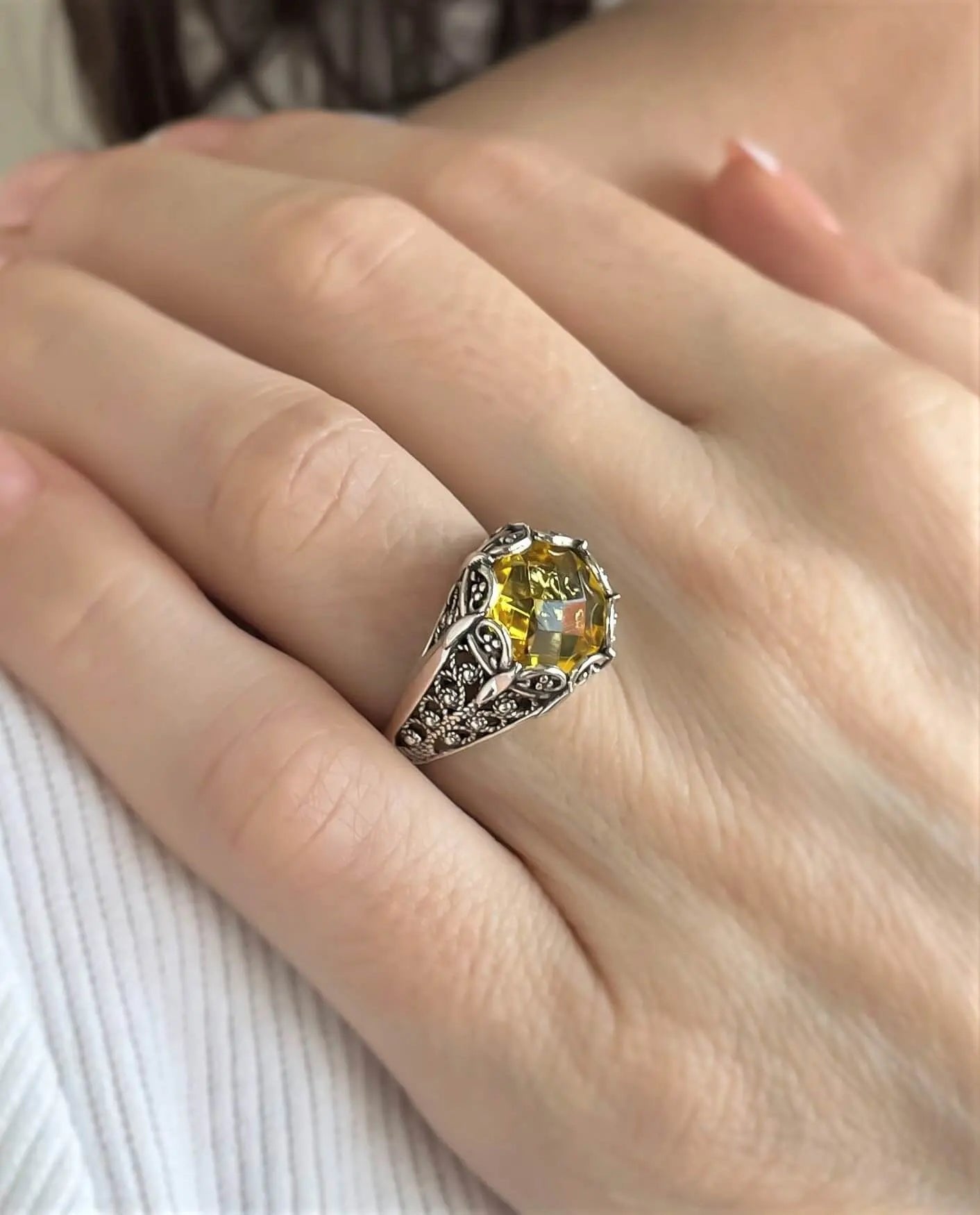 Filigree Art Citrine Gemstone Women Silver Cocktail Ring - Drakoi Marketplace