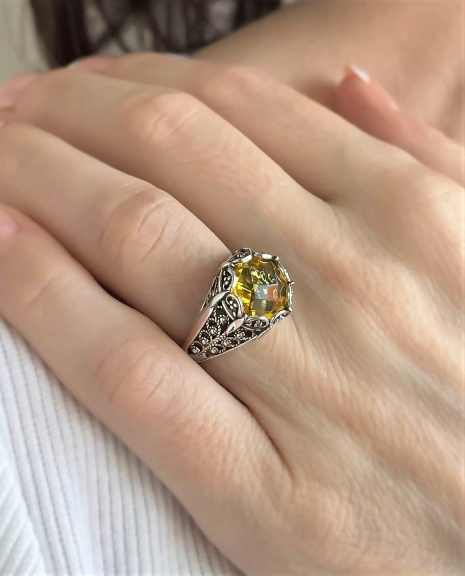 Filigree Art Citrine Gemstone Women Silver Cocktail Ring - Drakoi Marketplace