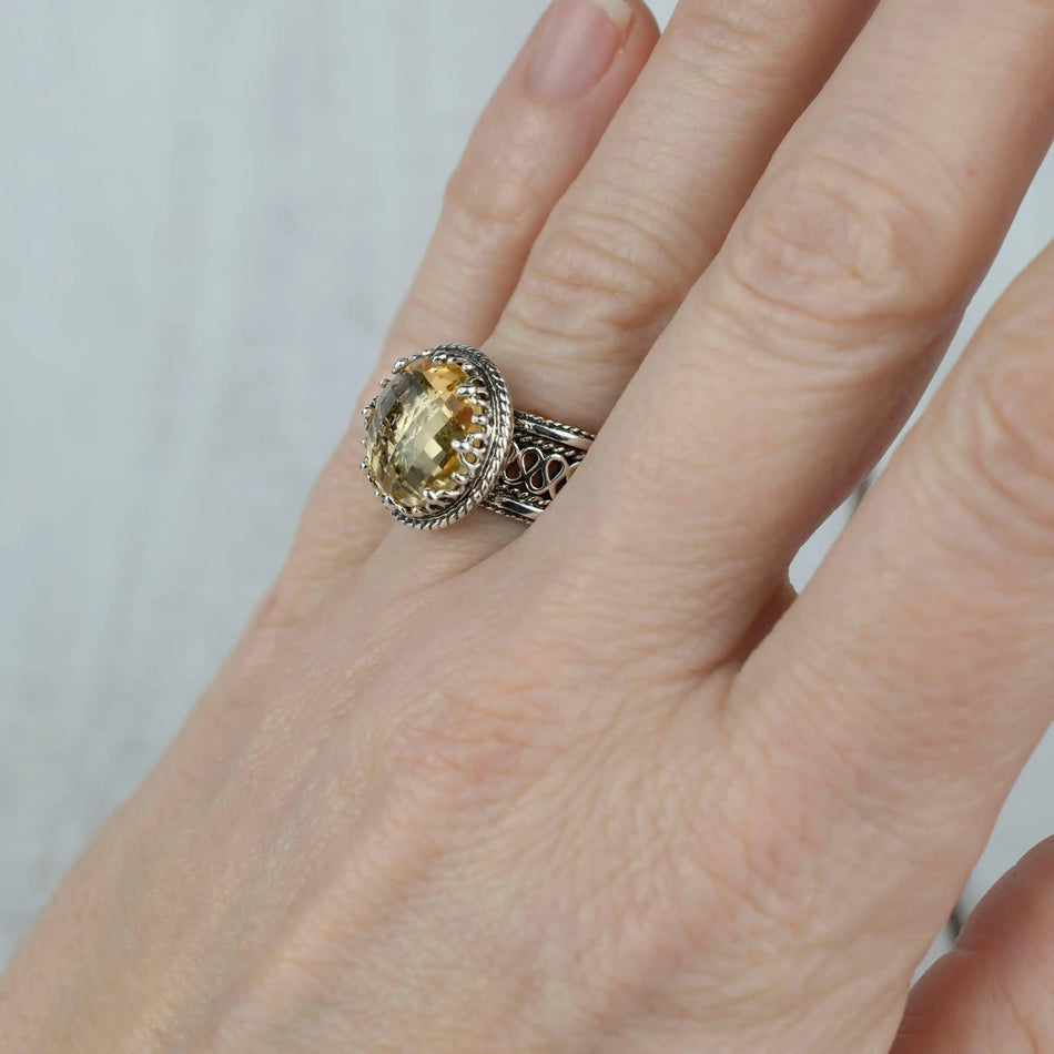 Filigree Art Citrine Gemstone Women Silver Cocktail Ring - Drakoi Marketplace