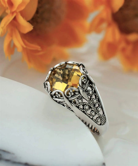 Filigree Art Citrine Gemstone Women Silver Cocktail Ring - Drakoi Marketplace