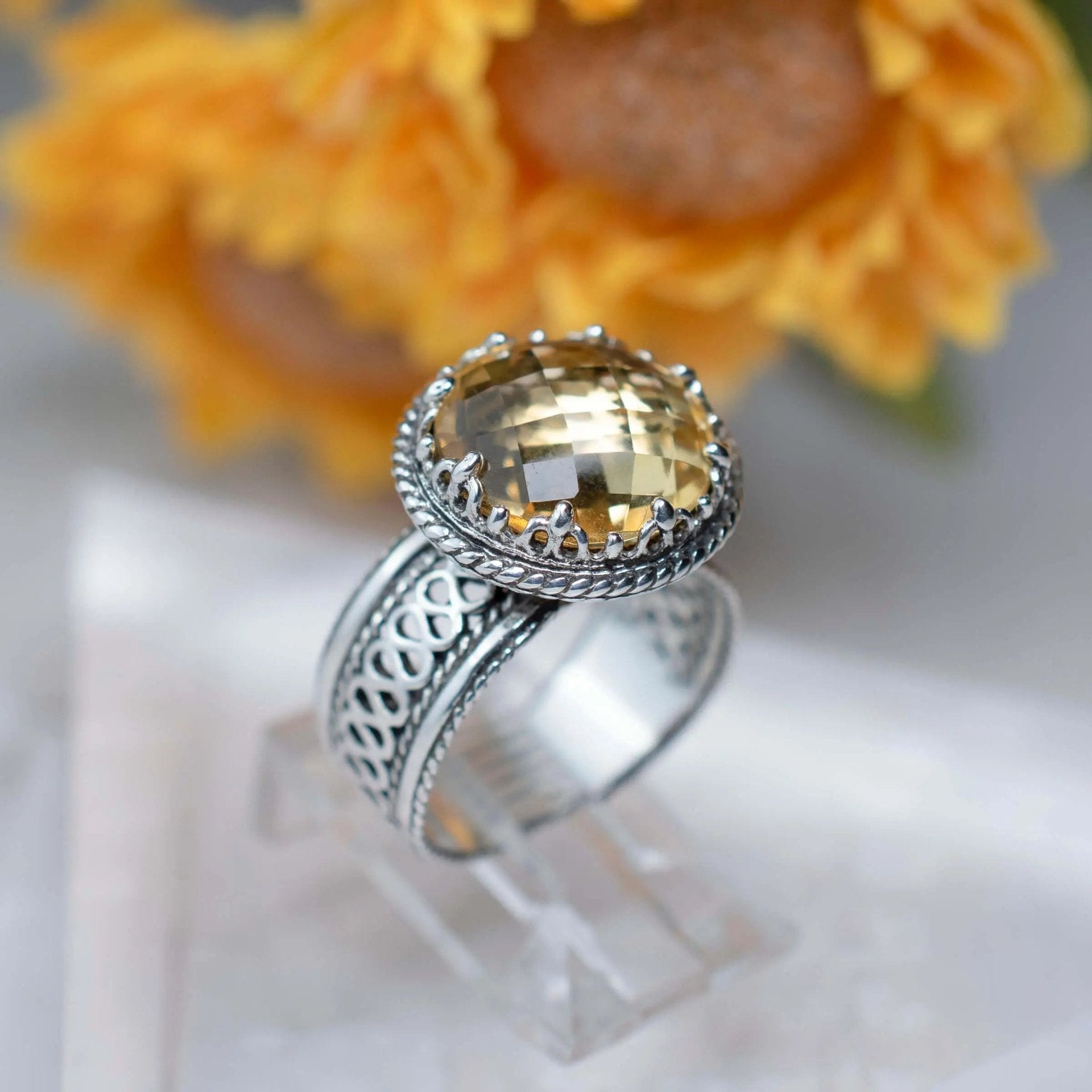 Filigree Art Citrine Gemstone Women Silver Cocktail Ring - Drakoi Marketplace