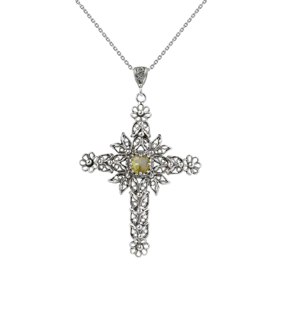 Filigree Art Citrine Gemstone Women Silver Cross Pendant Necklace - Drakoi Marketplace