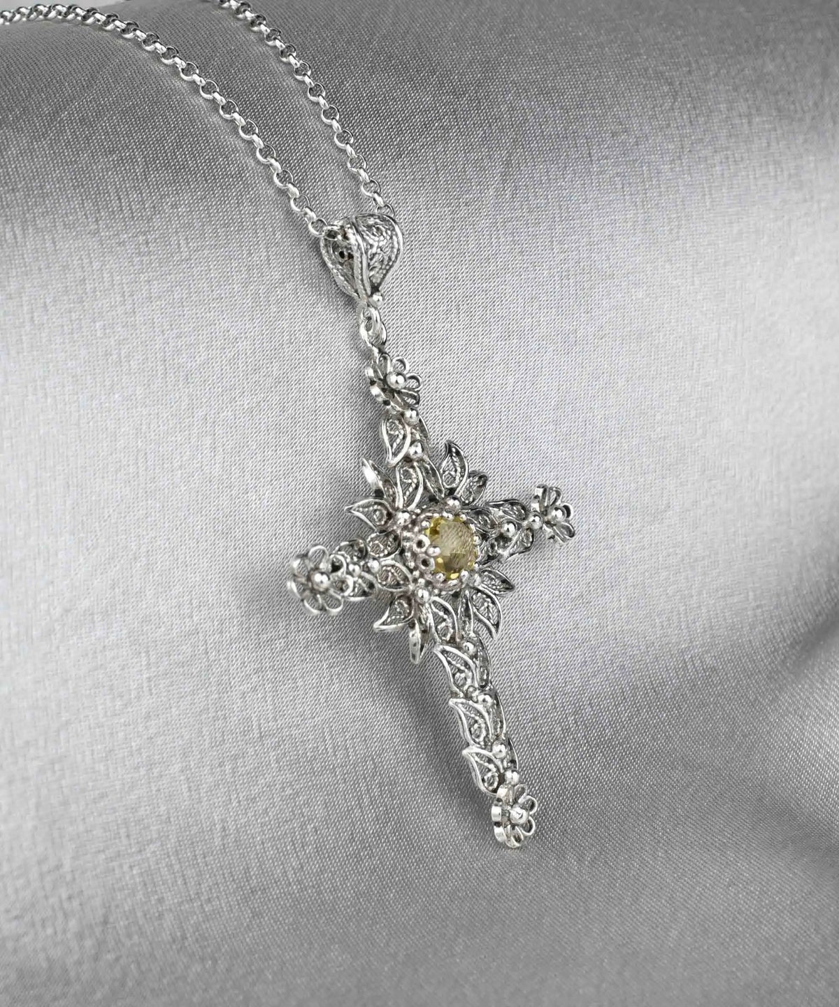 Filigree Art Citrine Gemstone Women Silver Cross Pendant Necklace - Drakoi Marketplace