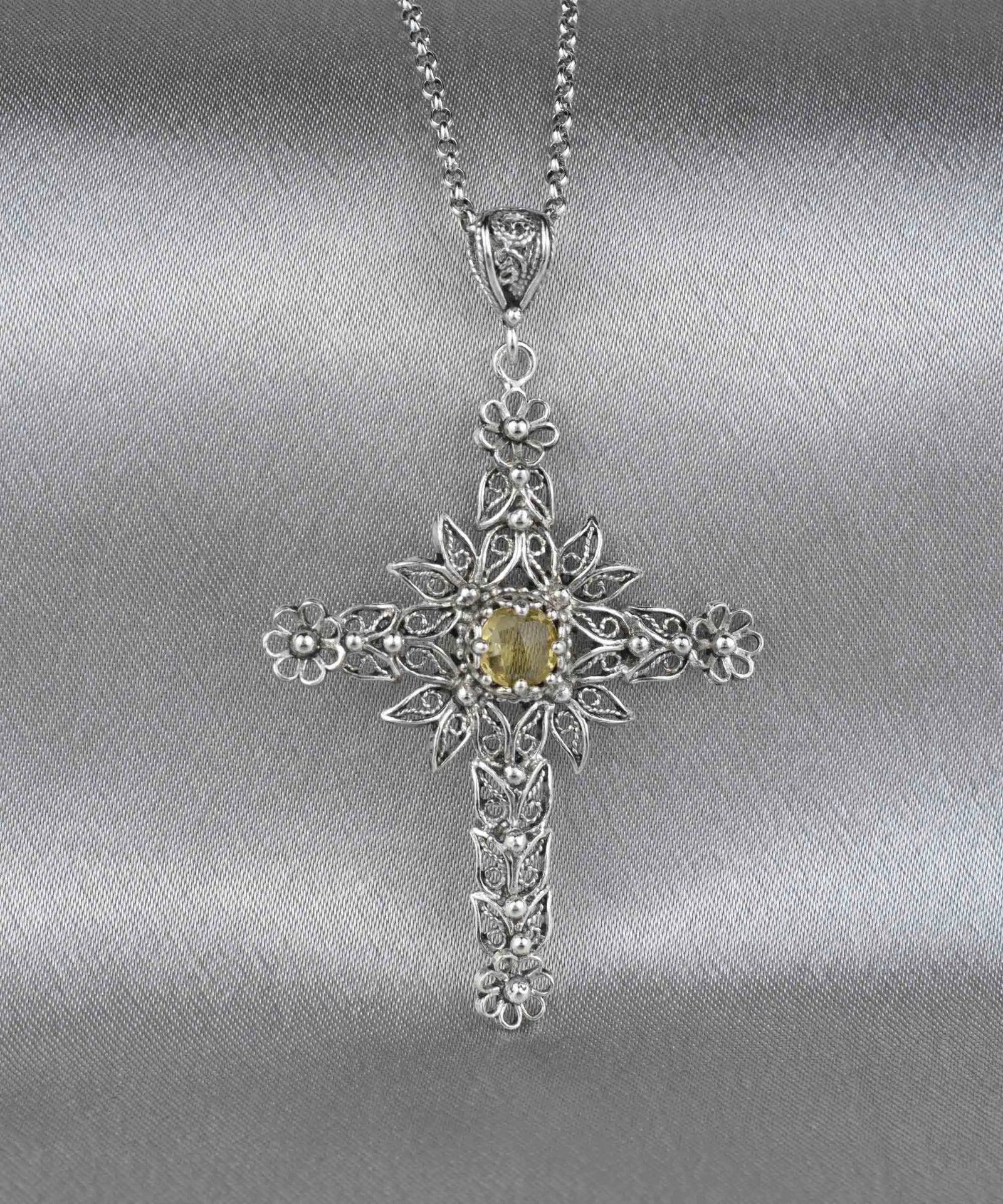 Filigree Art Citrine Gemstone Women Silver Cross Pendant Necklace - Drakoi Marketplace