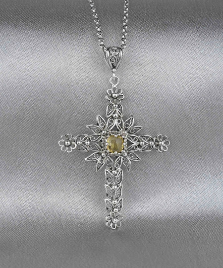 Filigree Art Citrine Gemstone Women Silver Cross Pendant Necklace - Drakoi Marketplace