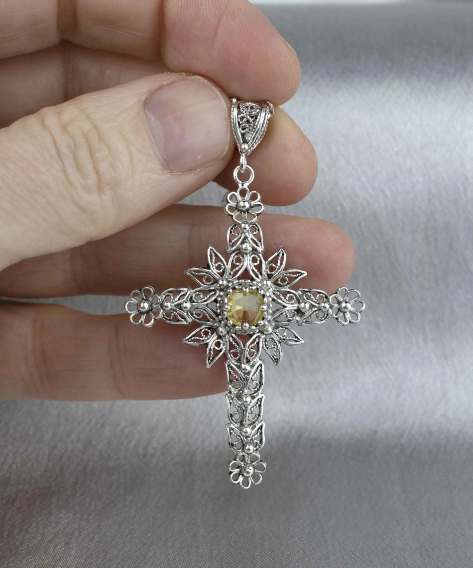 Filigree Art Citrine Gemstone Women Silver Cross Pendant Necklace - Drakoi Marketplace