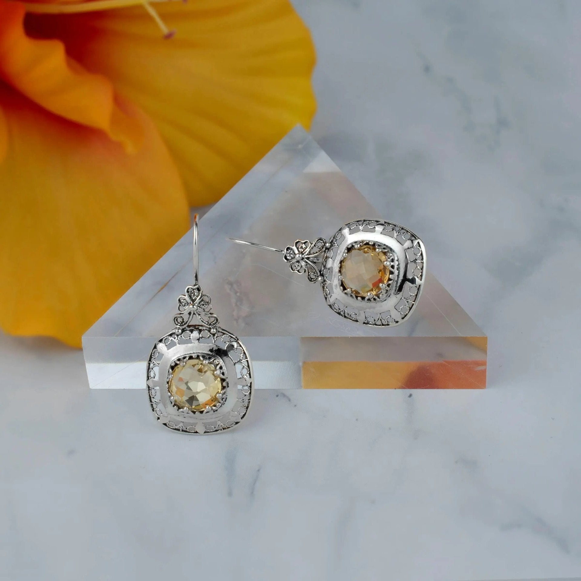 Filigree Art Citrine Gemstone Women Silver Drop Earrings - Drakoi Marketplace