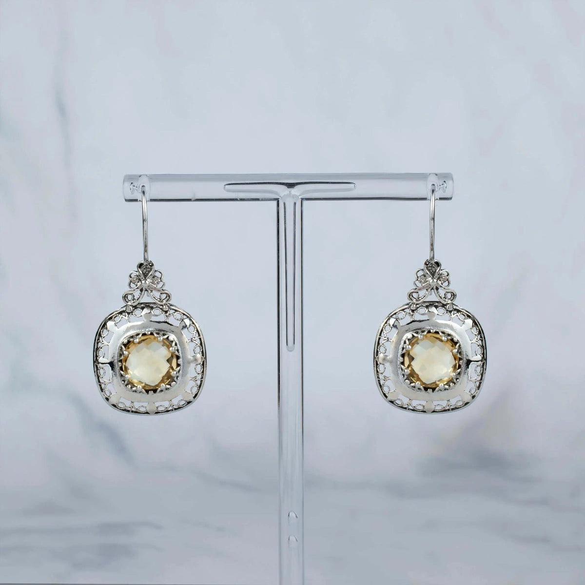 Filigree Art Citrine Gemstone Women Silver Drop Earrings - Drakoi Marketplace