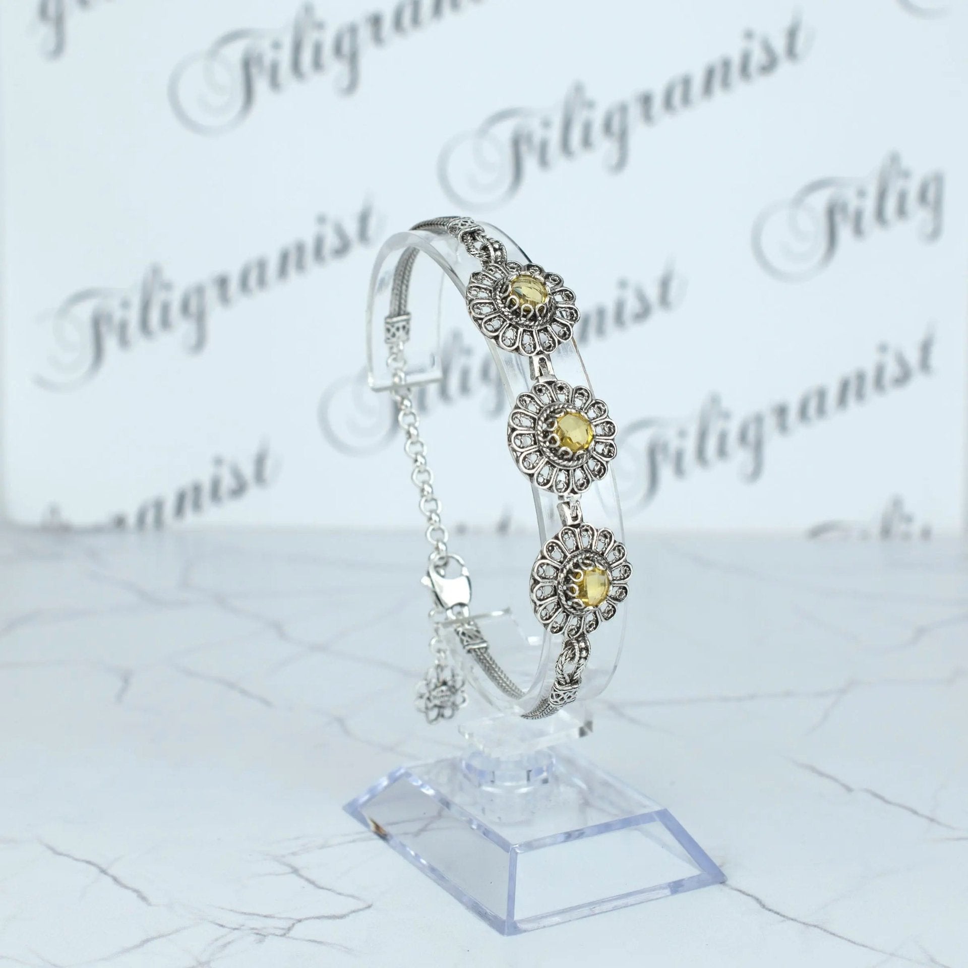 Filigree Art Citrine Gemstone Women Silver Link Bracelet - Drakoi Marketplace