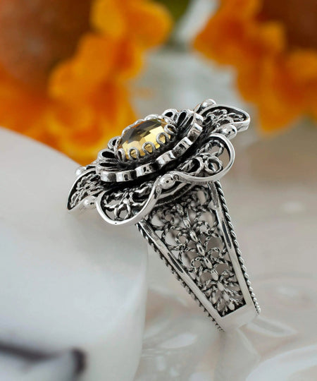 Filigree Art Citrine Gemstone Women Silver Statement Ring - Drakoi Marketplace