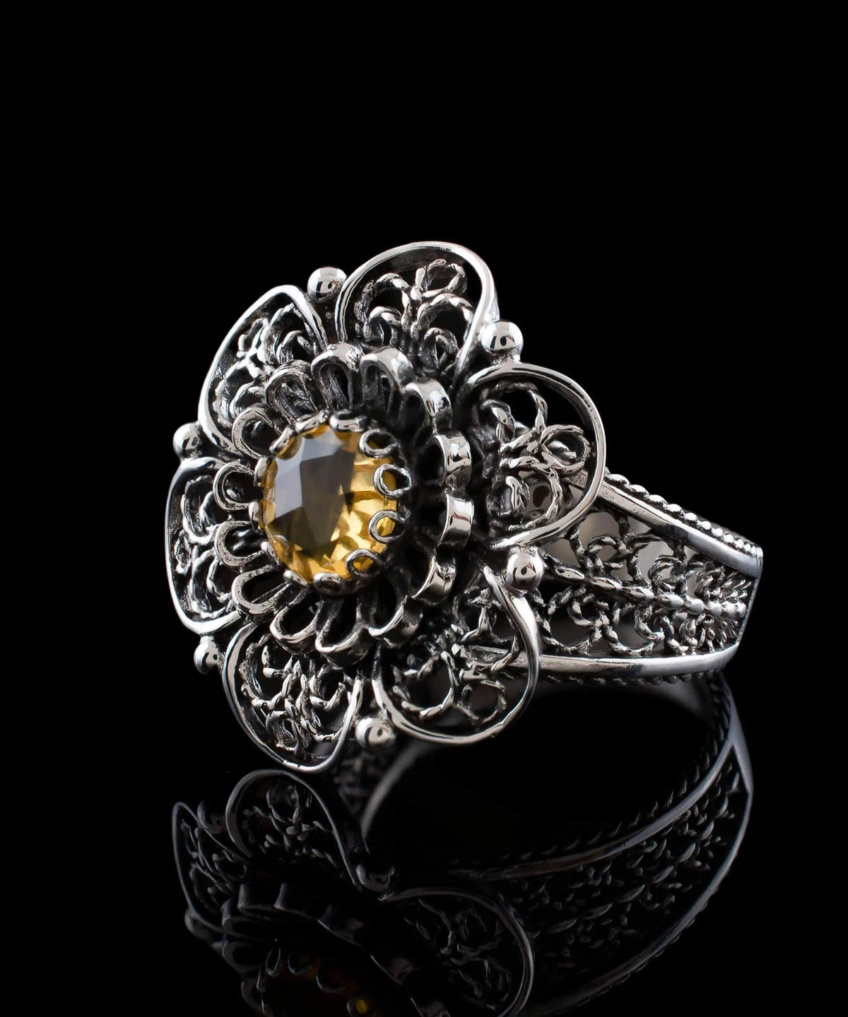 Filigree Art Citrine Gemstone Women Silver Statement Ring - Drakoi Marketplace