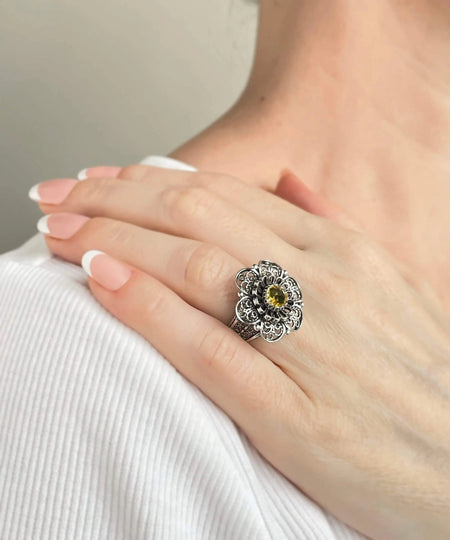 Filigree Art Citrine Gemstone Women Silver Statement Ring - Drakoi Marketplace