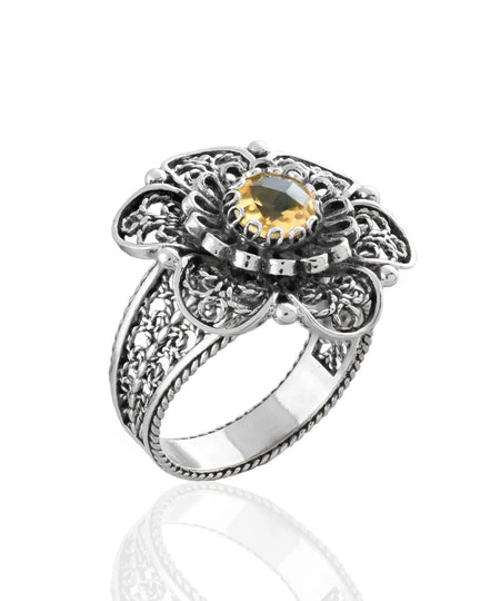 Filigree Art Citrine Gemstone Women Silver Statement Ring - Drakoi Marketplace