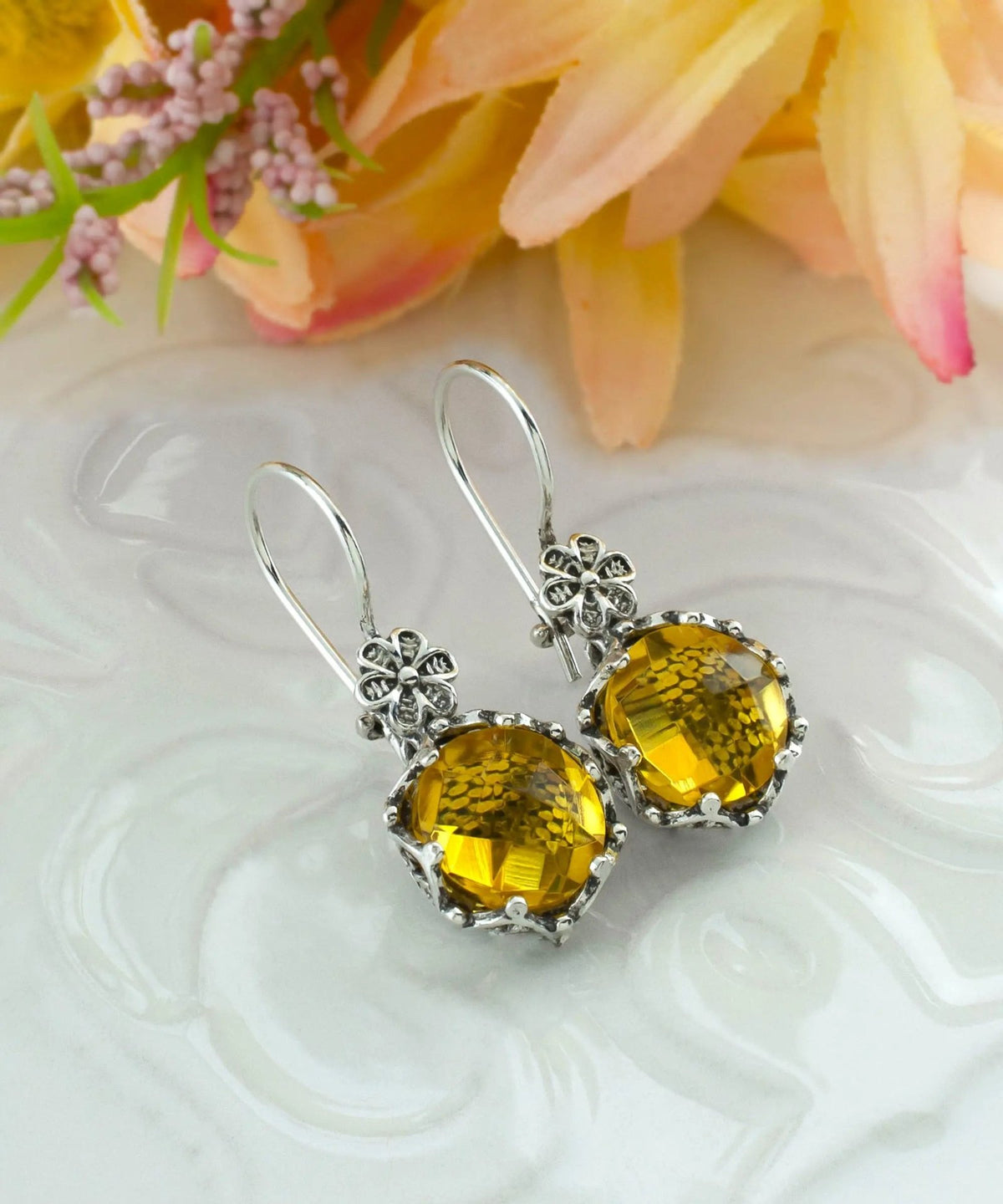 Filigree Art Citrine Gemstone Women Sterling Silver Drop Earrings - Drakoi Marketplace