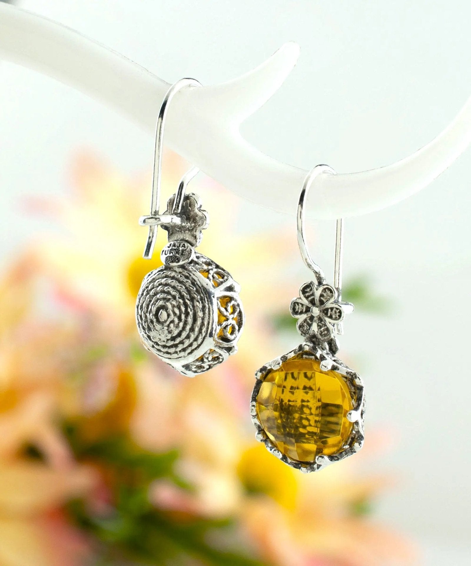 Filigree Art Citrine Gemstone Women Sterling Silver Drop Earrings - Drakoi Marketplace