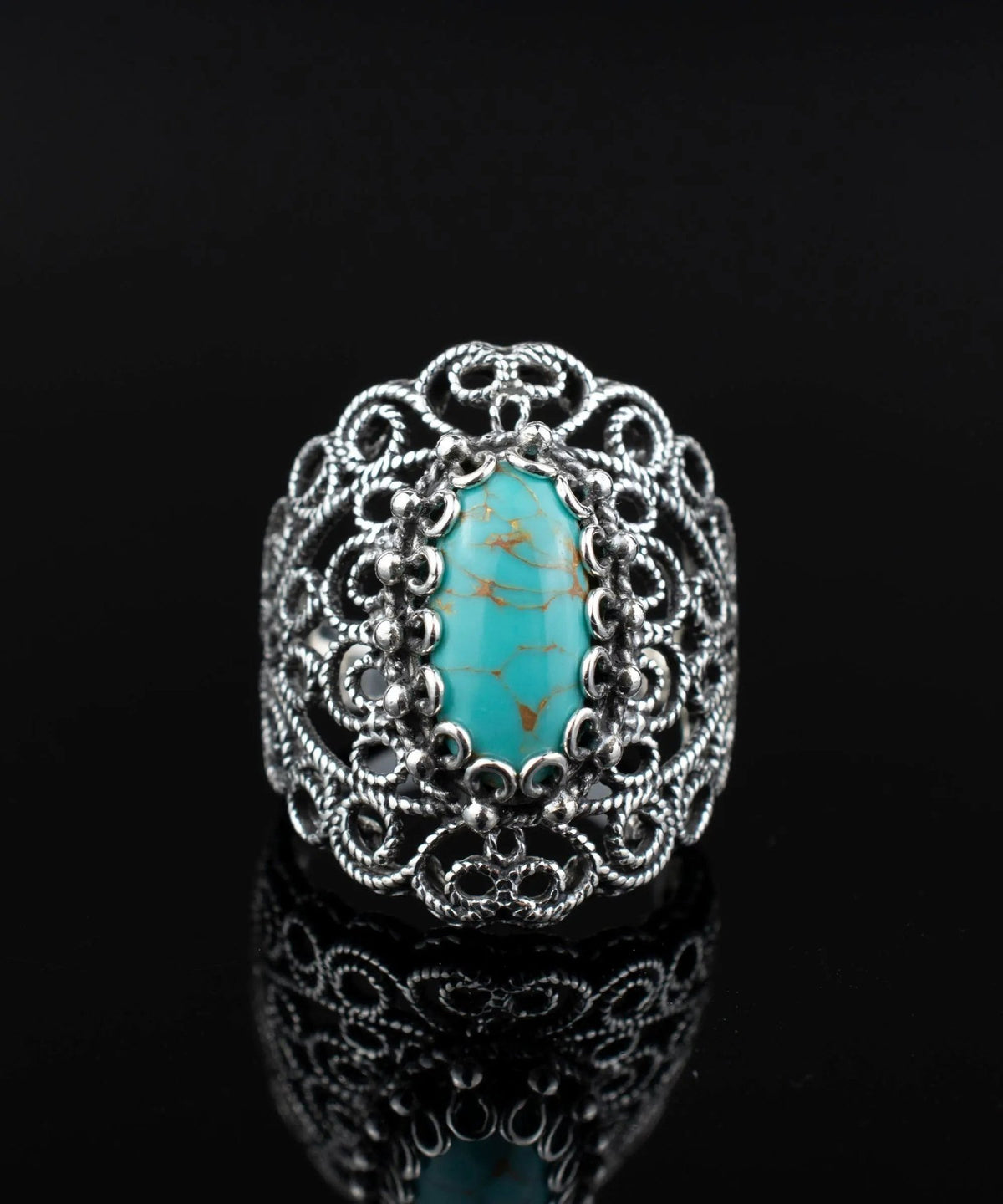 Filigree Art Copper Turquoise Gemstone Lace Detailed Women Silver Statement Ring - Drakoi Marketplace