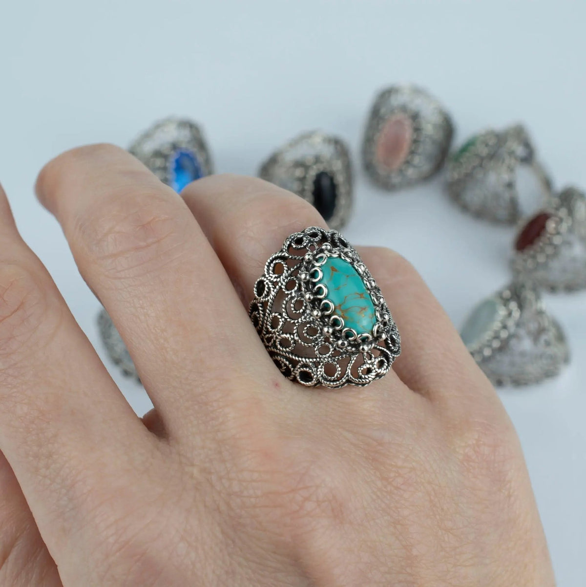 Filigree Art Copper Turquoise Gemstone Lace Detailed Women Silver Statement Ring - Drakoi Marketplace