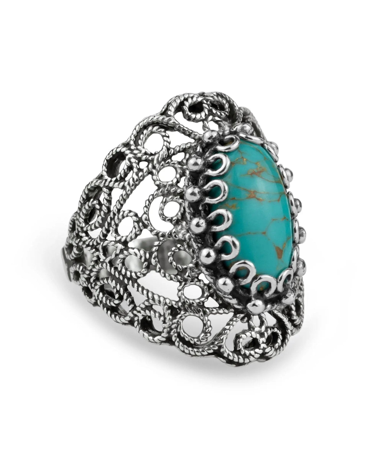 Filigree Art Copper Turquoise Gemstone Lace Detailed Women Silver Statement Ring - Drakoi Marketplace