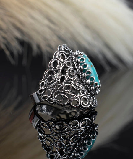 Filigree Art Copper Turquoise Gemstone Lace Detailed Women Silver Statement Ring - Drakoi Marketplace