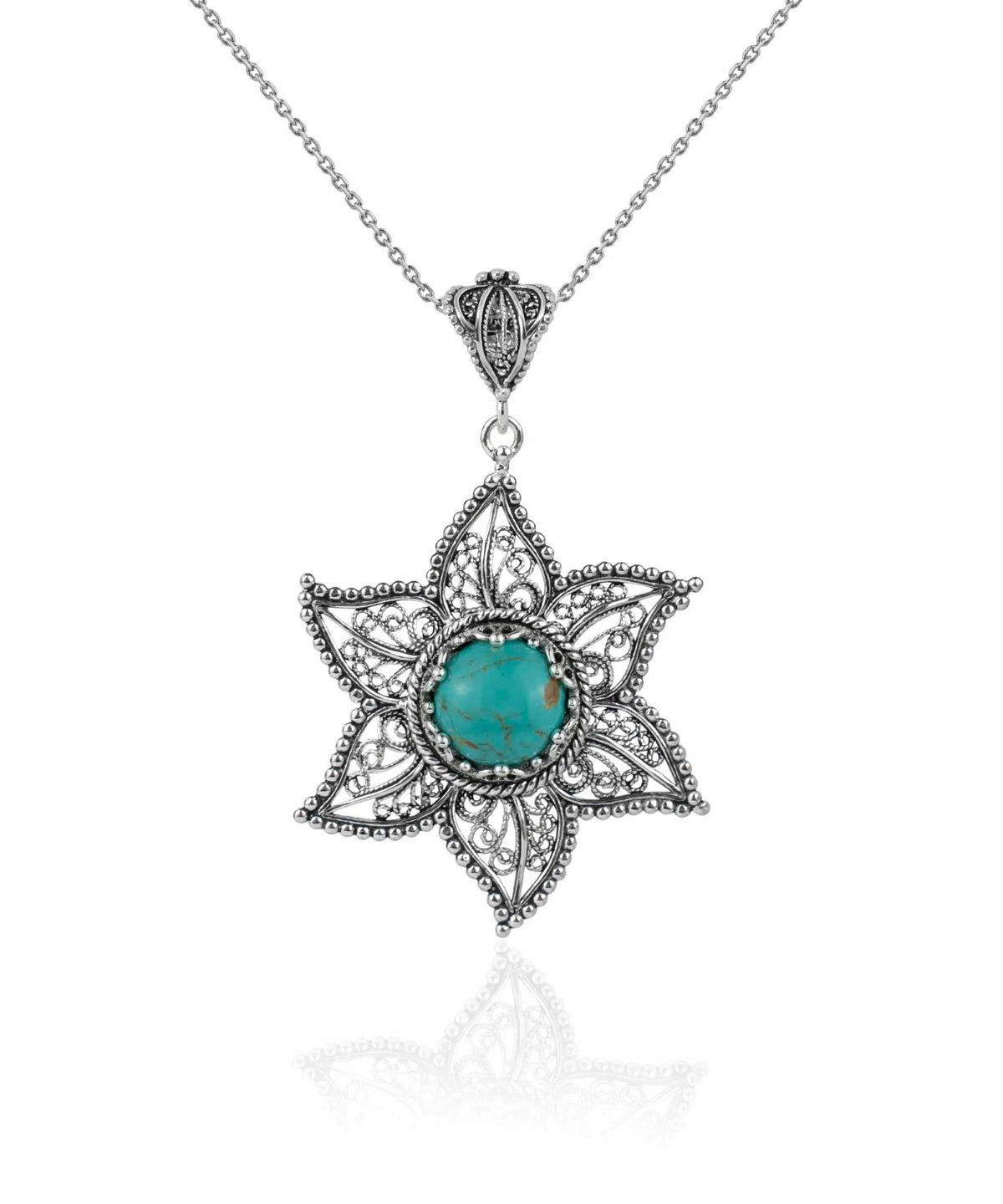 Filigree Art Copper Turquoise Gemstone Star Design Women Silver Pendant Necklace - Drakoi Marketplace