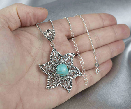 Filigree Art Copper Turquoise Gemstone Star Design Women Silver Pendant Necklace - Drakoi Marketplace