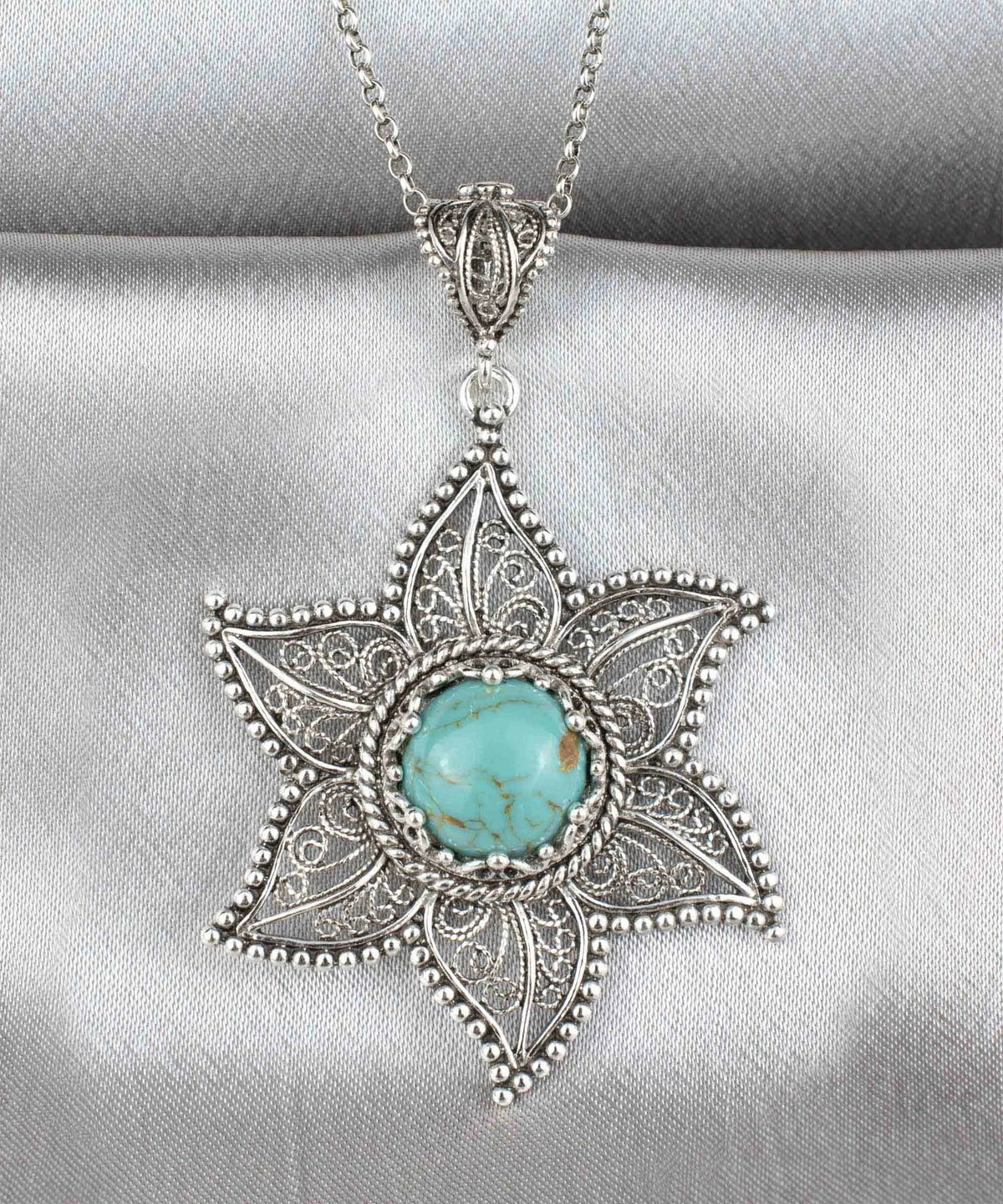 Filigree Art Copper Turquoise Gemstone Star Design Women Silver Pendant Necklace - Drakoi Marketplace