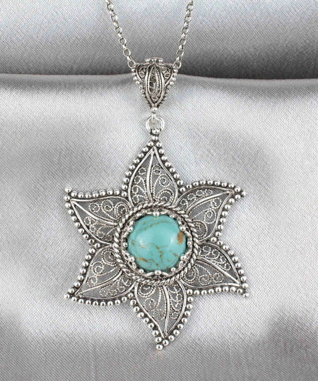 Filigree Art Copper Turquoise Gemstone Star Design Women Silver Pendant Necklace - Drakoi Marketplace