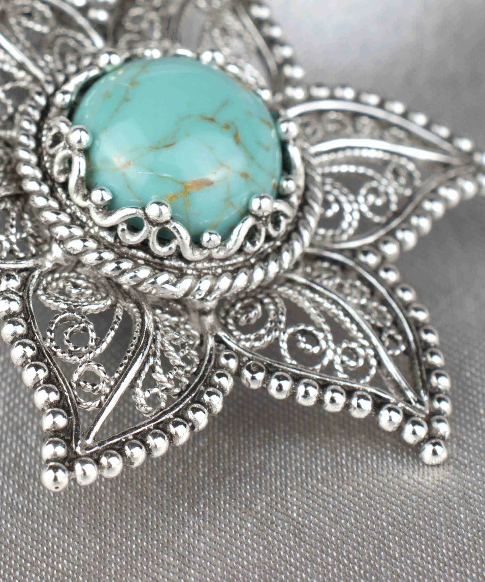 Filigree Art Copper Turquoise Gemstone Star Design Women Silver Pendant Necklace - Drakoi Marketplace