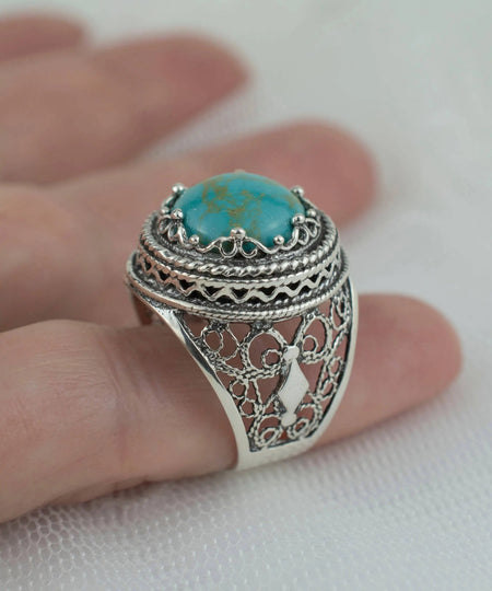 Filigree Art Copper Turquoise Gemstone Women Silver Bold Ring - Drakoi Marketplace