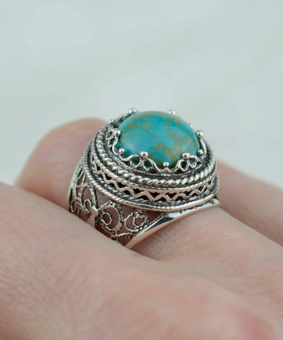 Filigree Art Copper Turquoise Gemstone Women Silver Bold Ring - Drakoi Marketplace