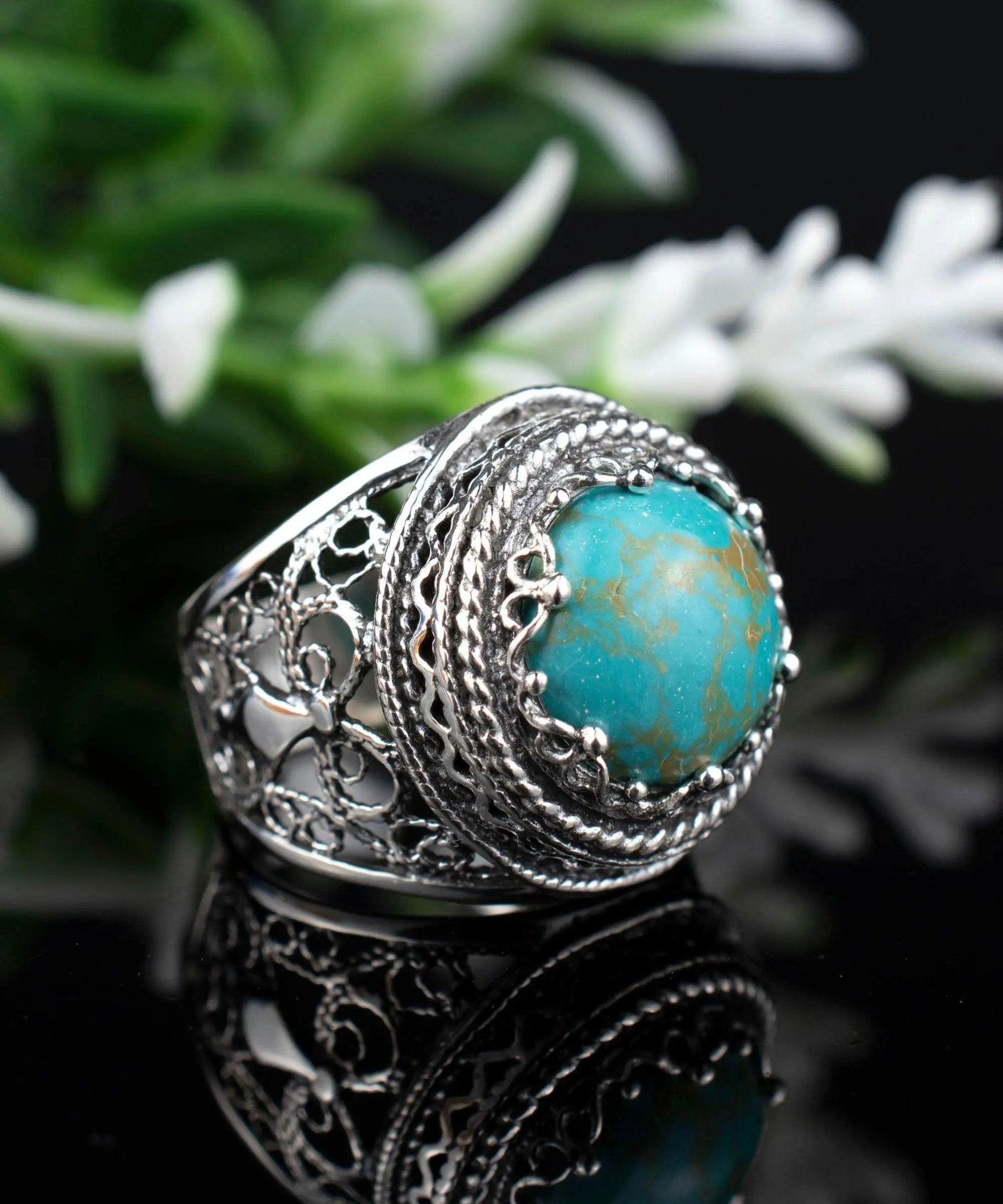 Filigree Art Copper Turquoise Gemstone Women Silver Bold Ring - Drakoi Marketplace